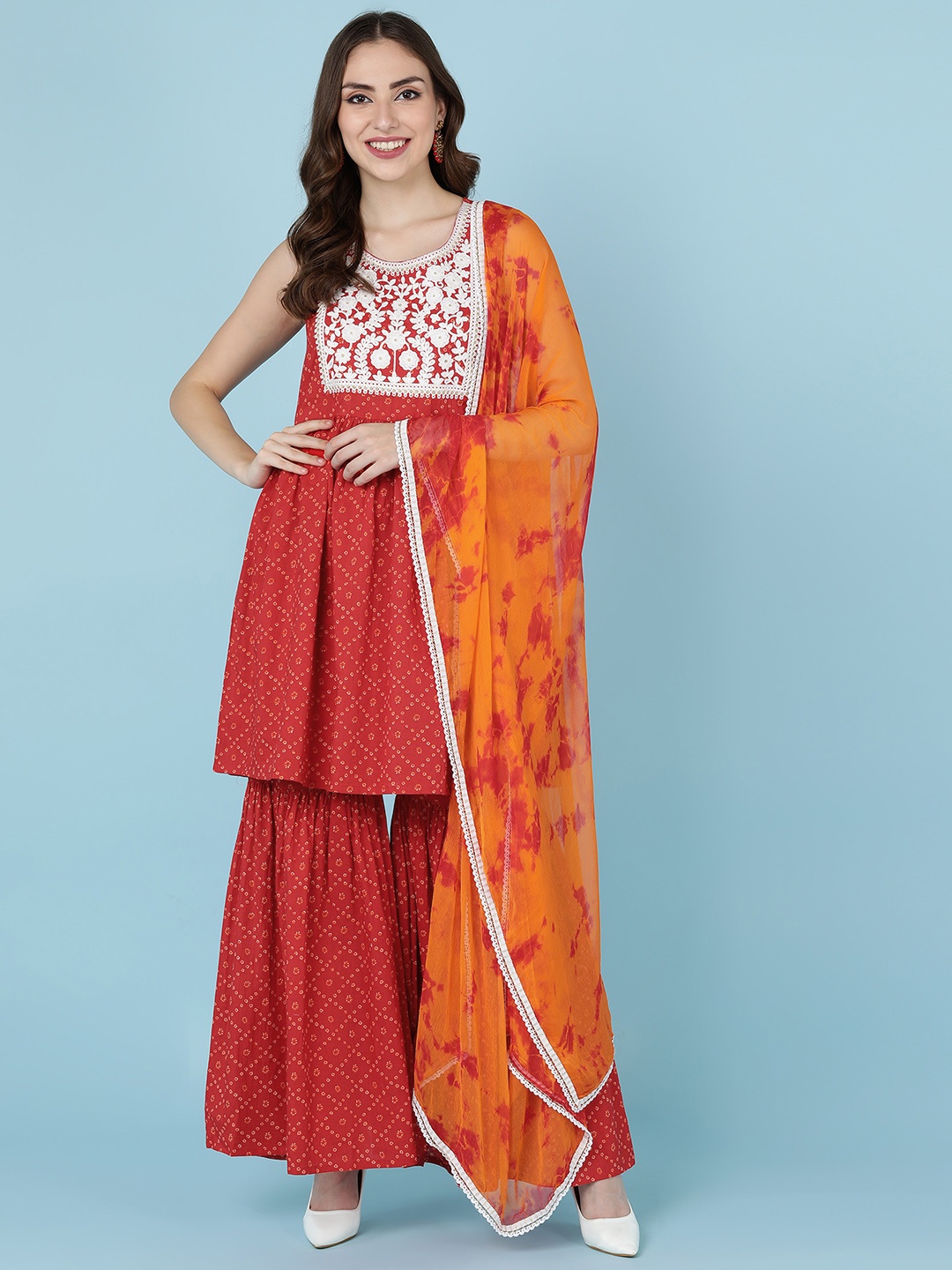 

JAIPUR PRIME Women Red Bandhani Embroidered Pleated Kurti with Sharara & Dupatta