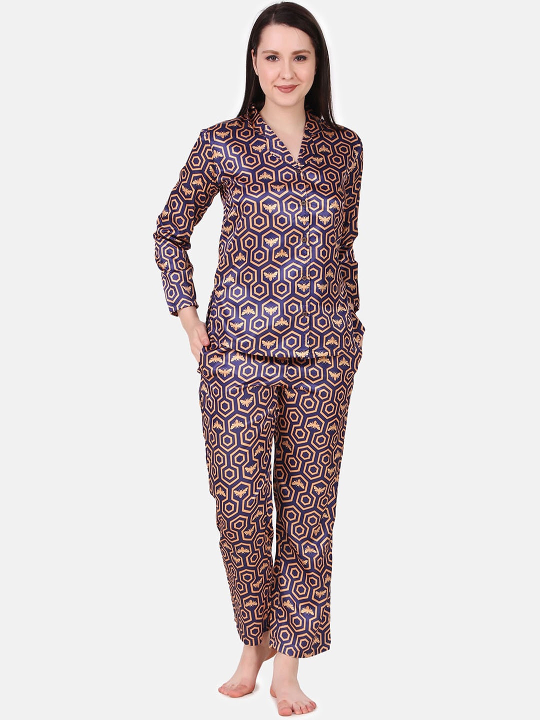 

Masha Women Navy Blue & Beige Printed Night suit