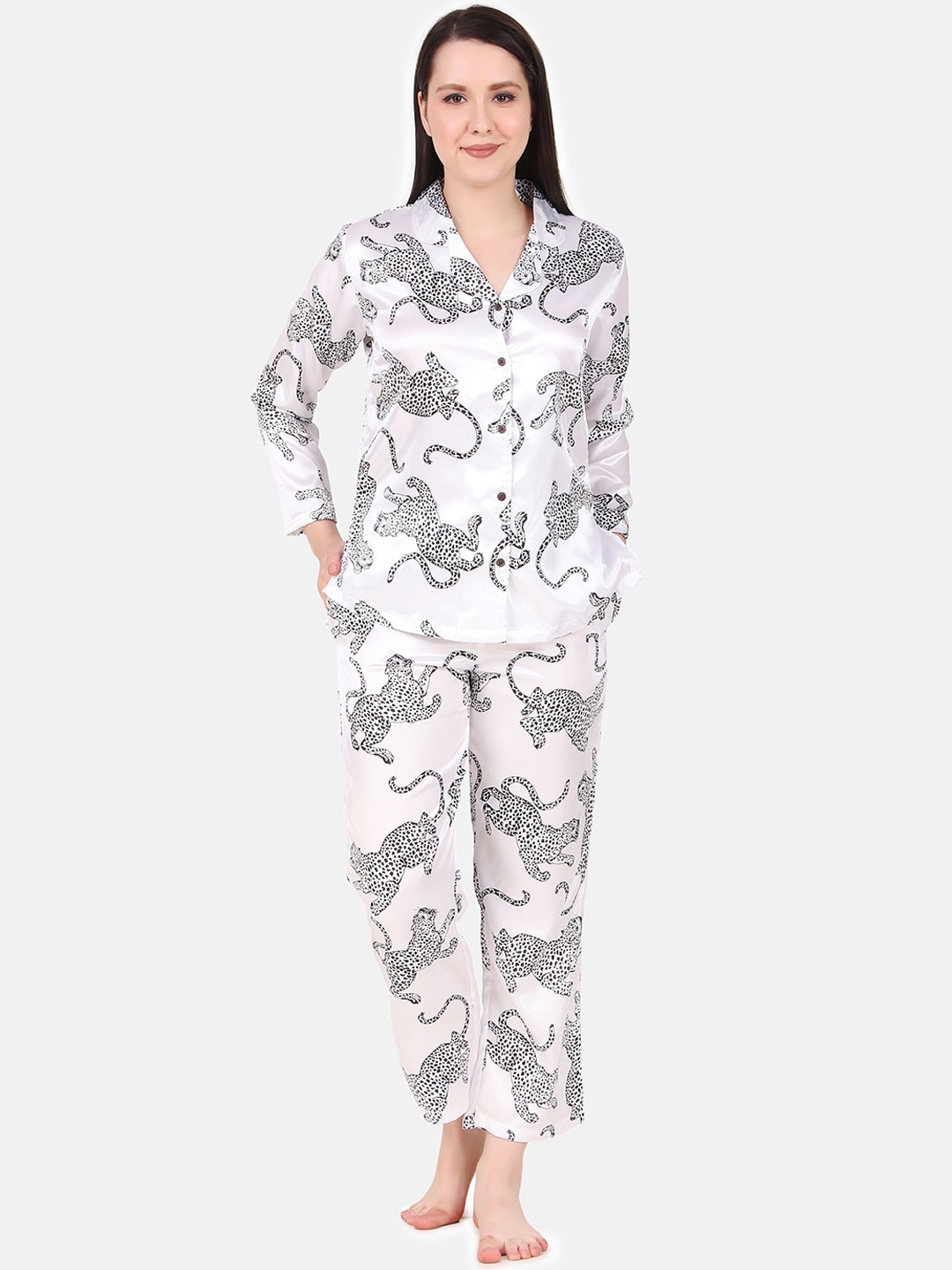

Masha Women White & Black Printed Night suit