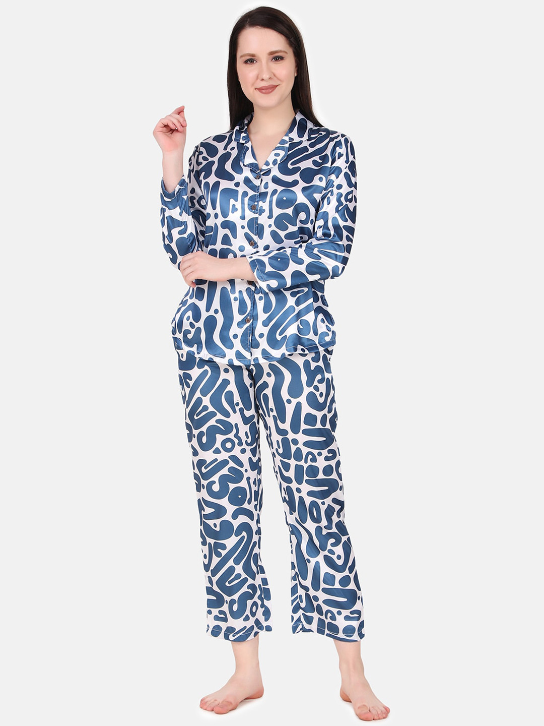 

Masha Women Blue & White Printed Night suit