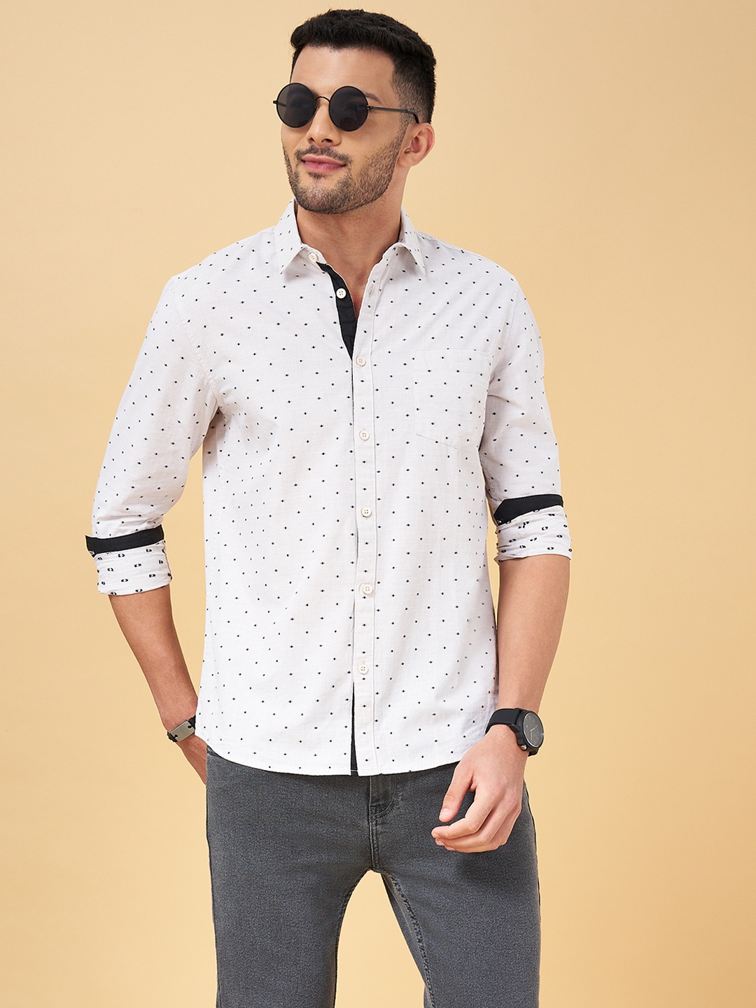

People Men Slim Fit Printed Cotton Casual Shirt, Beige