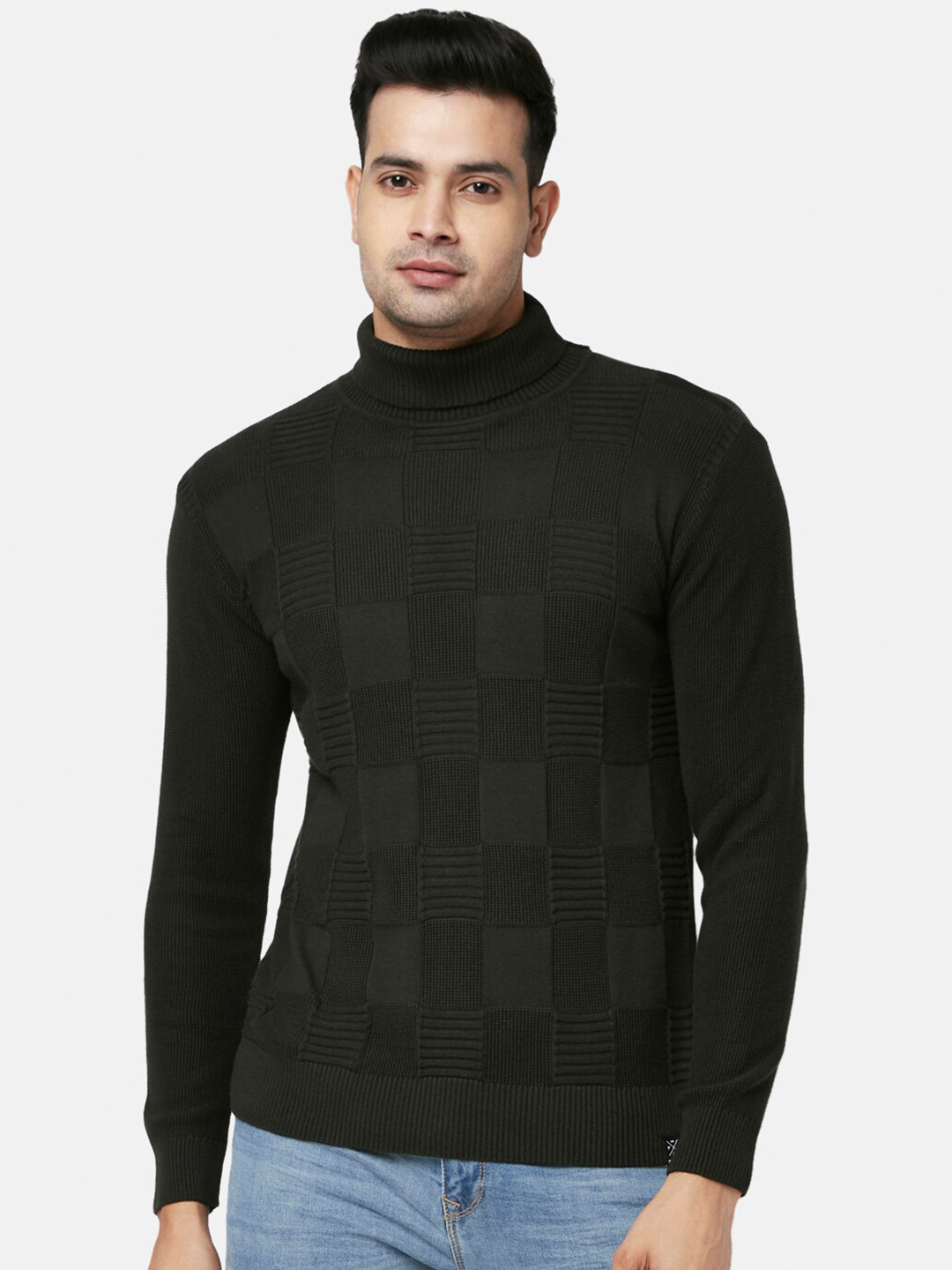 

People Men Olive Green Checked Cotton Pullover