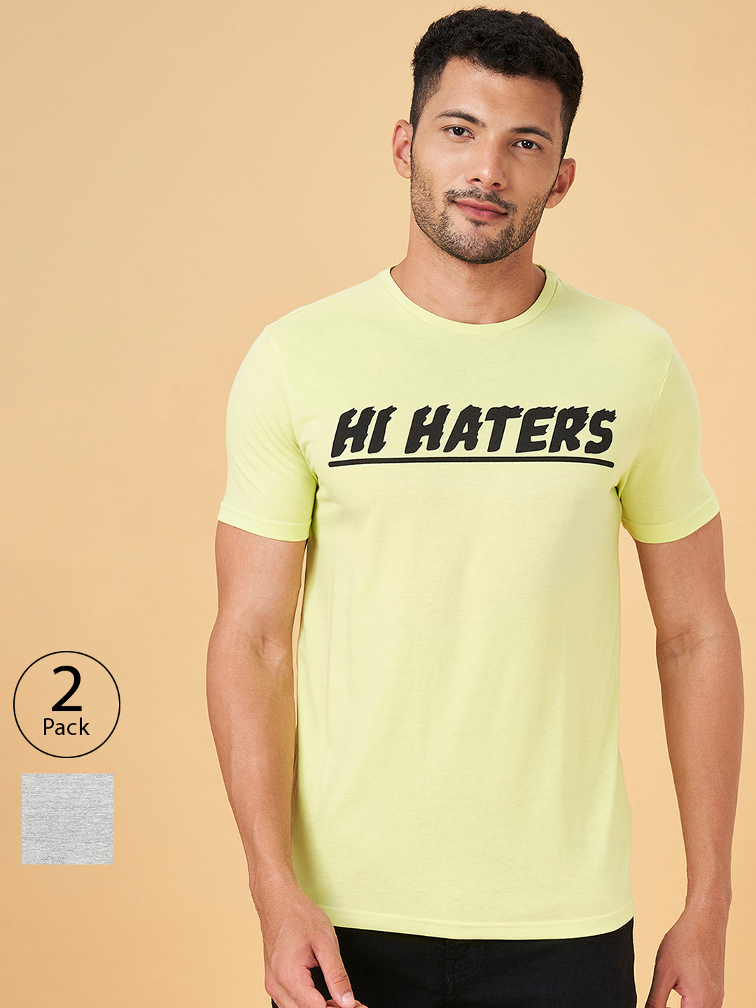 

People Pack Of 2 Typography Printed Slim Fit Cotton T-shirt, Green