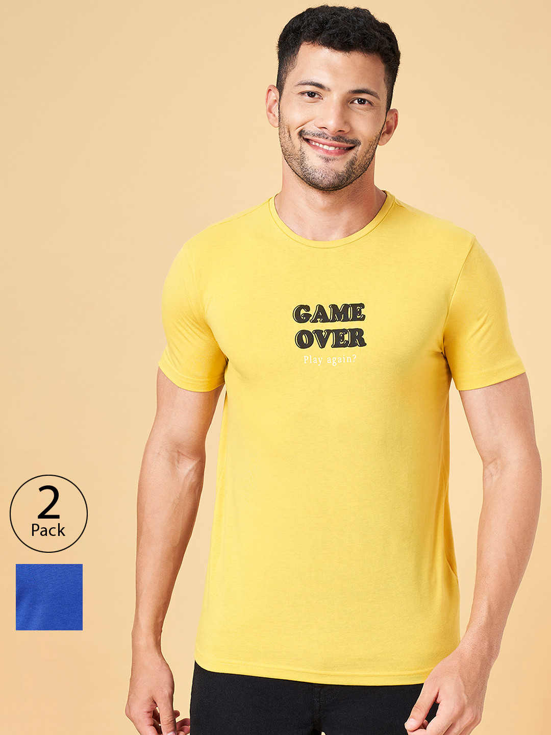 

People Pack Of 2 Typography Printed Slim Fit Cotton T-shirt, Yellow