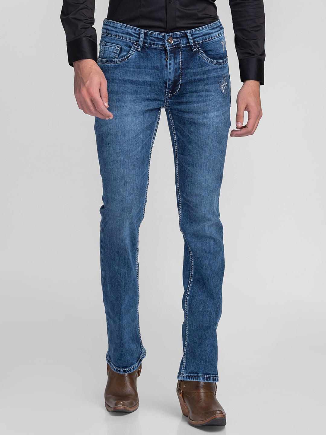 

mode de base Men Blue Bootcut Low Distress Heavy Fade Stretchable Cotton Jeans
