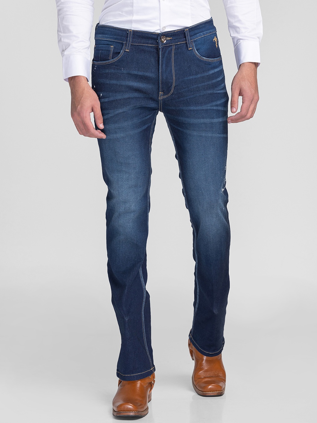 

mode de base Men Navy Blue Bootcut Light Fade Stretchable Cotton Jeans