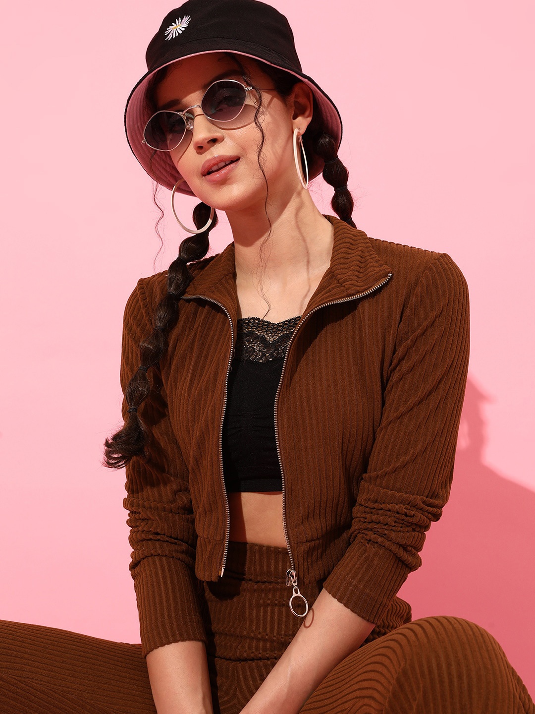 

STREET 9 Women Brown Striped Crop Tailored Jacket