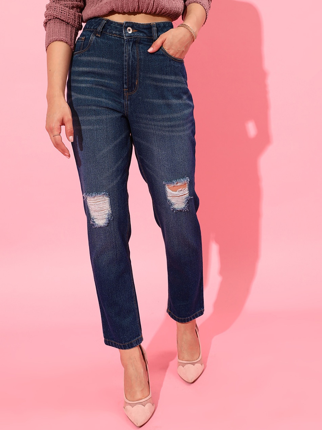 

STREET 9 Women Blue Flared High-Rise Highly Distressed Light Fade Jeans