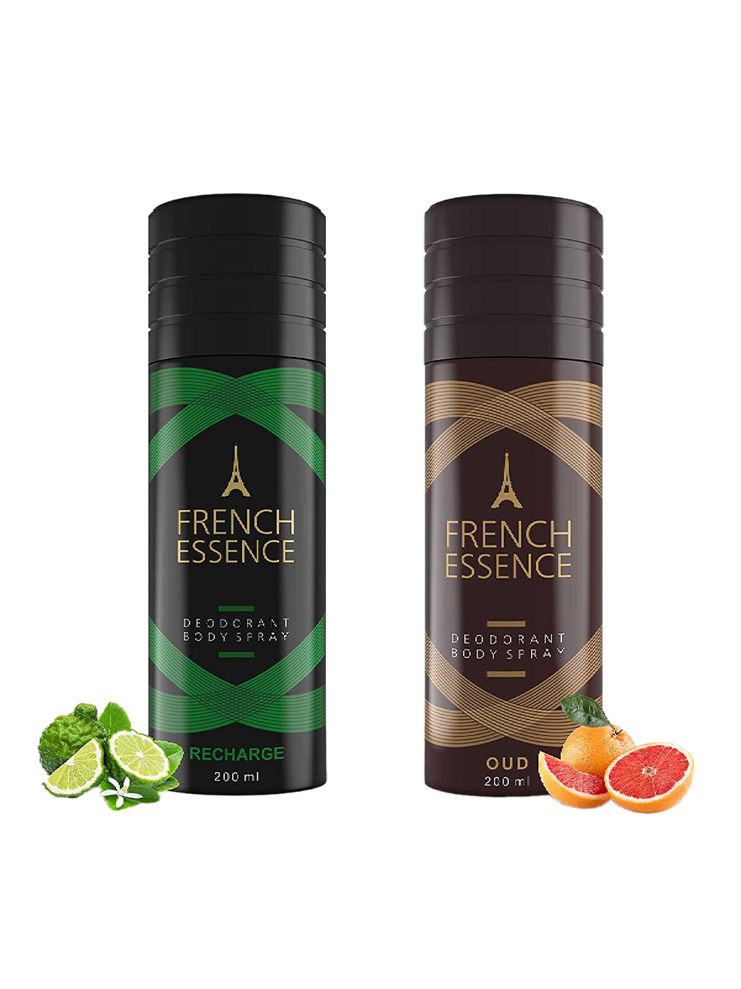 

FRENCH ESSENCE Set Of 2 Deodorant Body Spray 200 ml Each - Oud & Recharge, Green