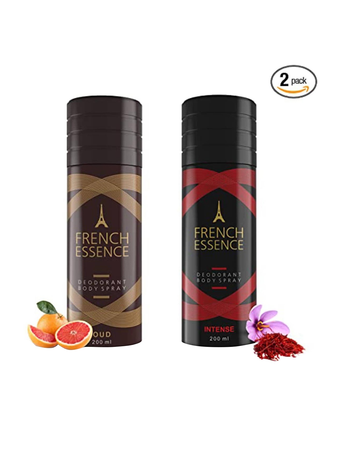 

FRENCH ESSENCE Set Of 2 Deodorant Body Spray 200 ml Each - Oud & Intense, Red