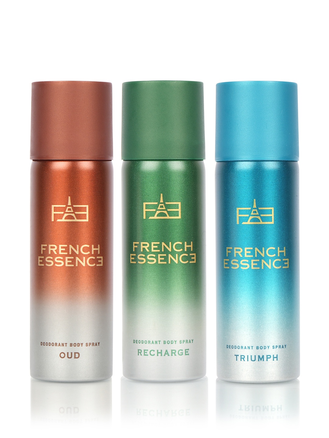 

FRENCH ESSENCE Set of 3 Deodorant Body Sprays 50 ml Each -Triumph + Oud + Recharge, Blue