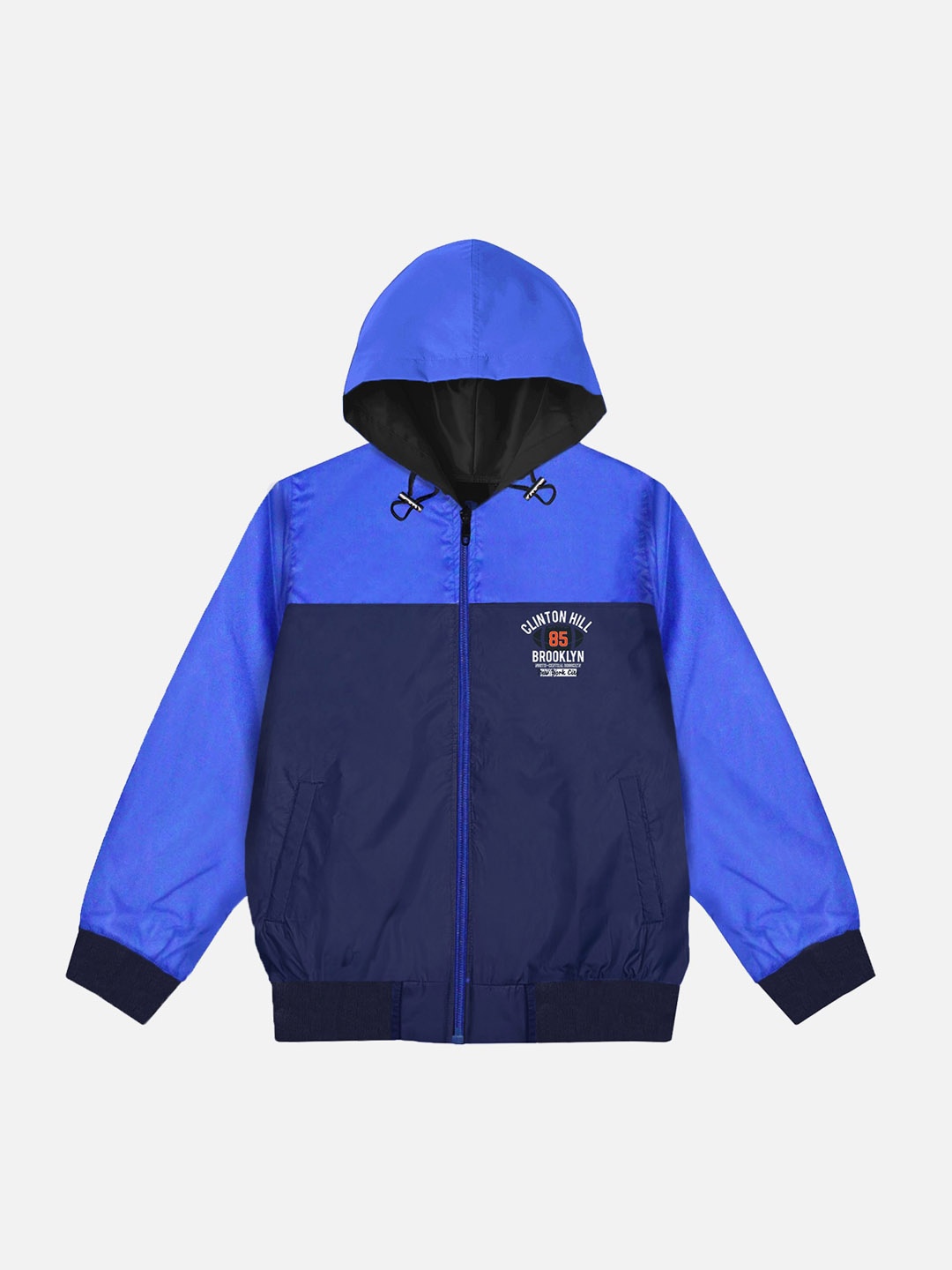 

YK Boys Navy Blue & Blue Colourblocked Lightweight Hooded Bomber Jacket