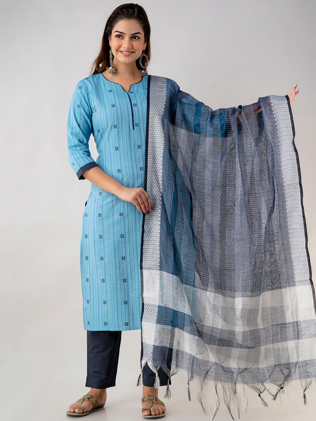 

CKM Women Blue Printed Kurta with Trouser & Dupatta Set