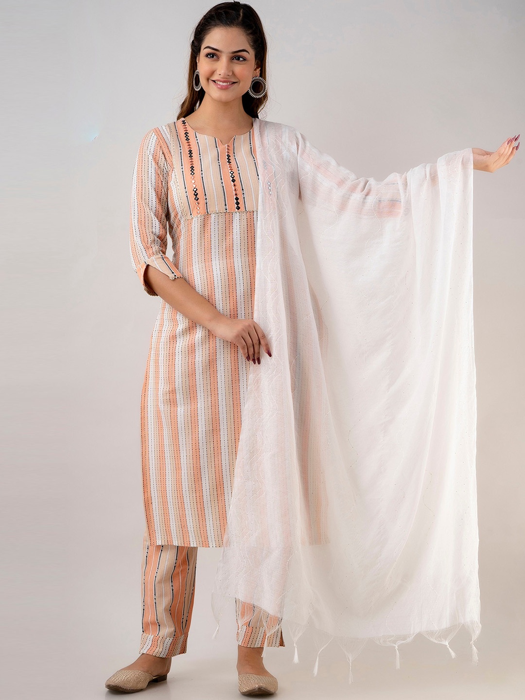 

CKM Women Orange & White Striped Mirror Work Kurta with Trouser & Dupatta Set