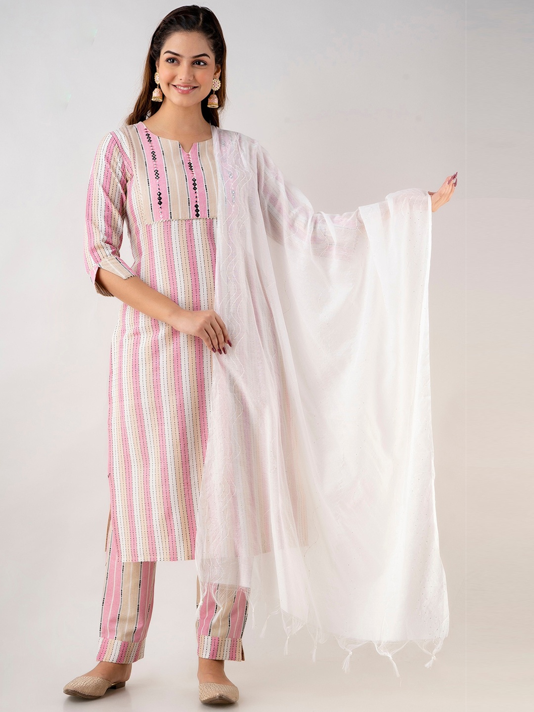 

CKM Women Pink & White Striped Mirror Work Kurta with Trouser & Dupatta Set