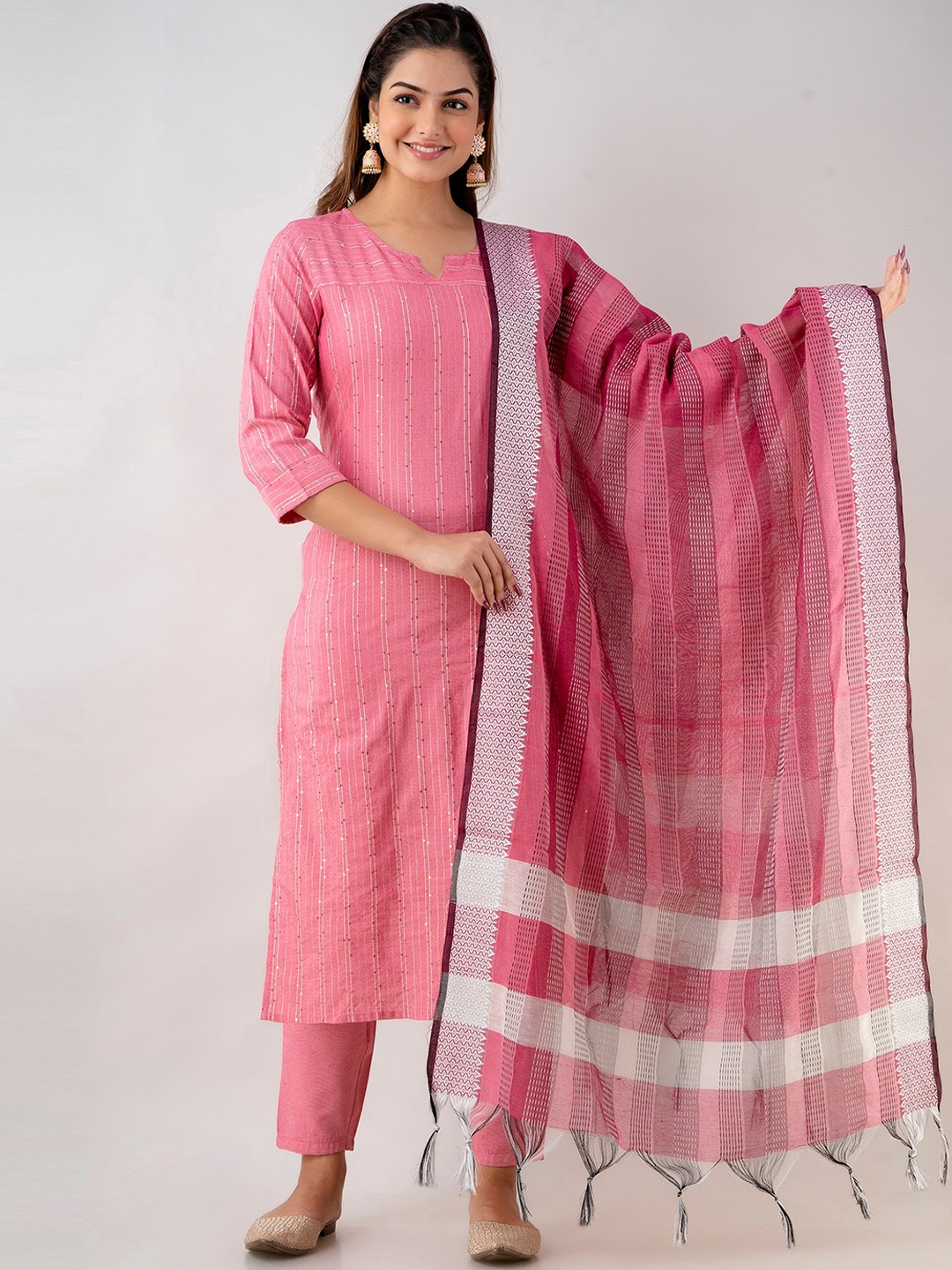 

CKM Women Pink Striped Sequinned Kurta with Trouser & Dupatta Set