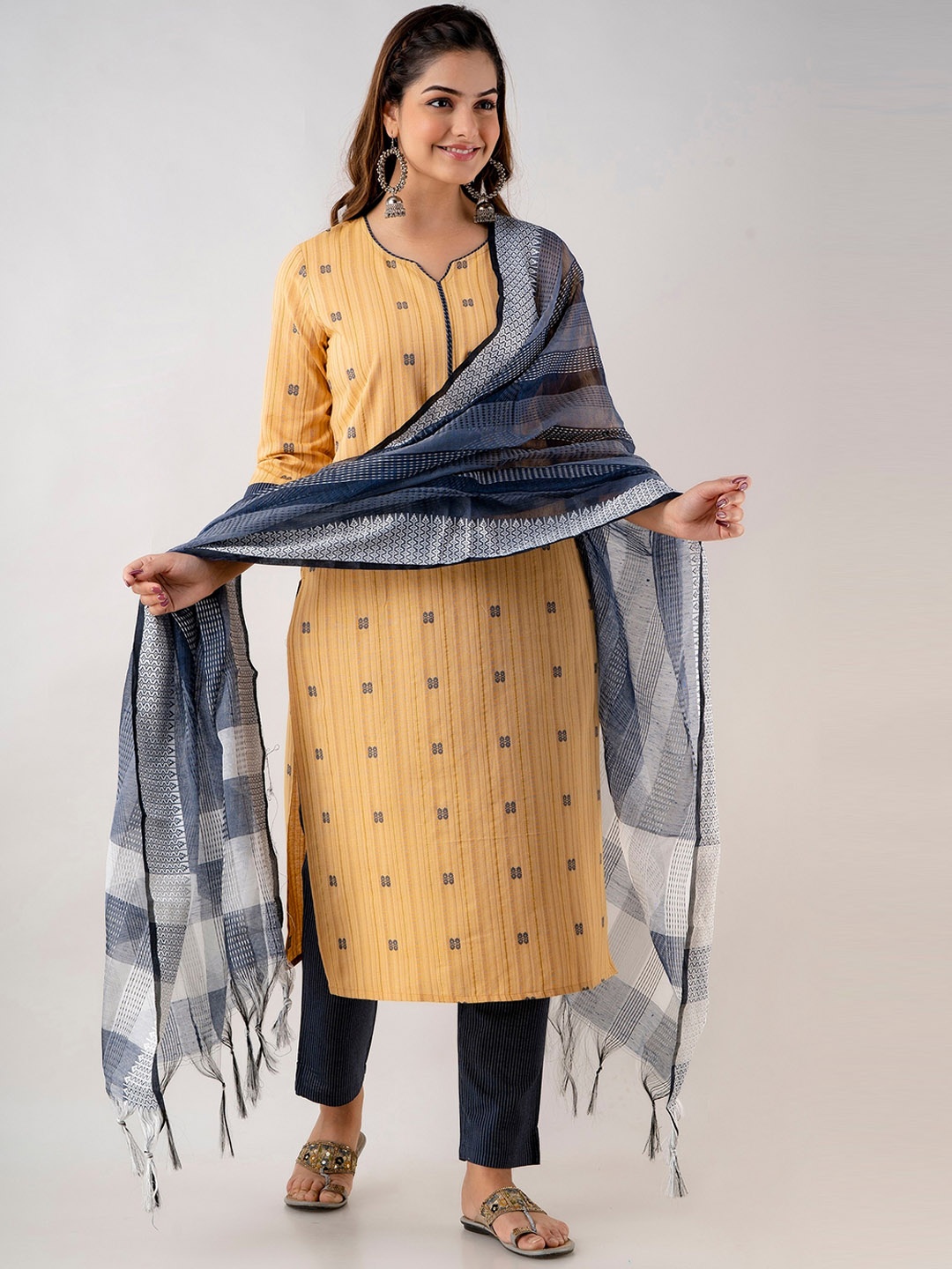 

CKM Women Yellow & Blue Striped Kurta with Trouser & Dupatta Set