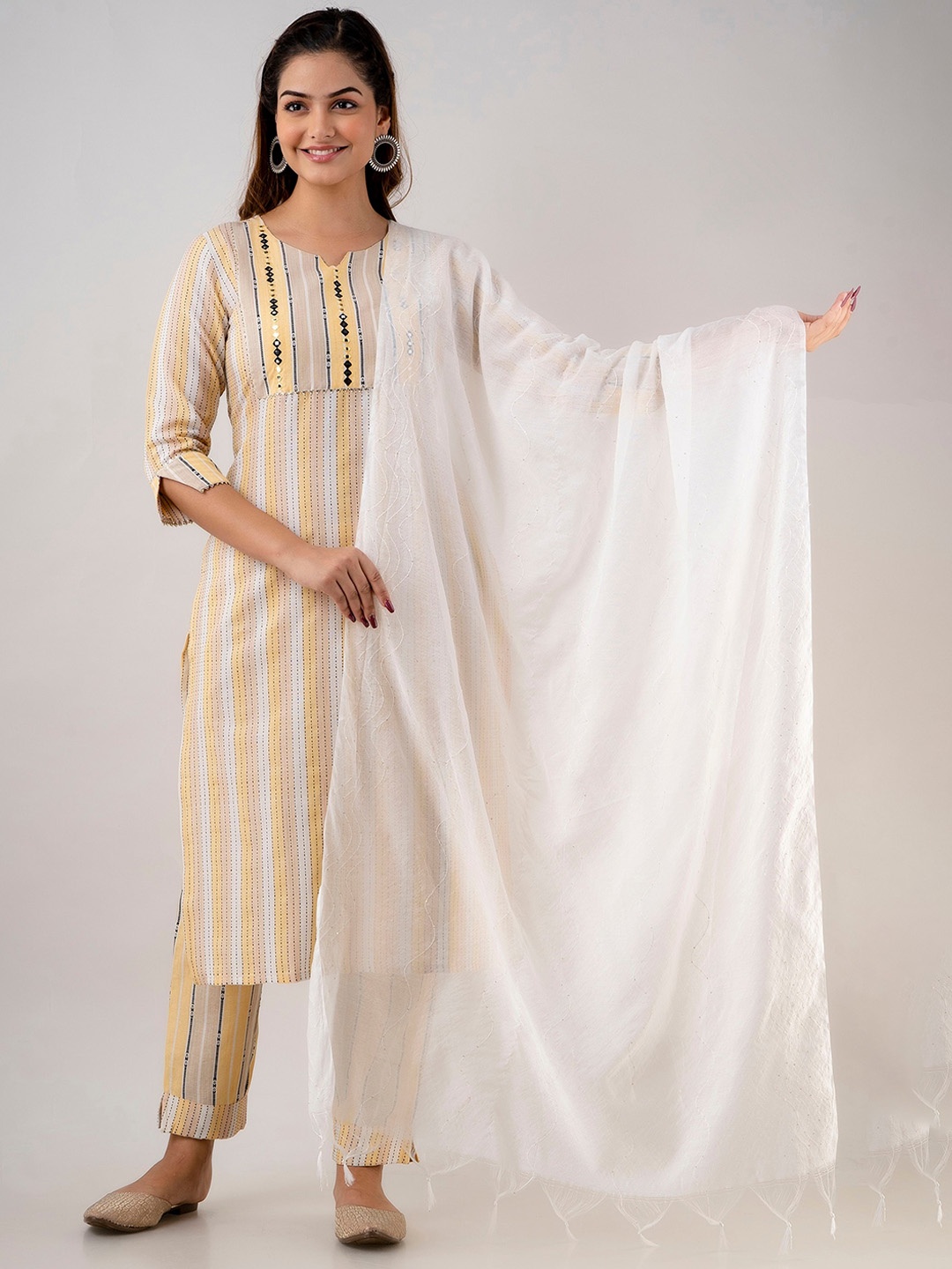 

CKM Women Yellow & White Striped Mirror Work Kurta with Trouser & Dupatta Set
