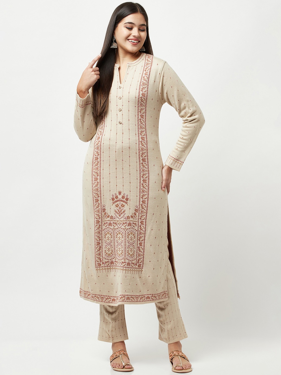 

Knitstudio Women Beige Floral Embroidered Kurta with Trousers