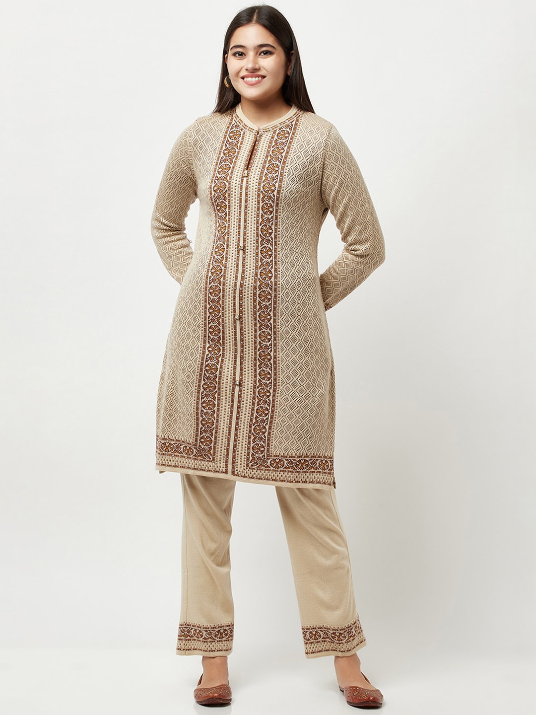 

Knitstudio Women Beige Floral Printed Kurti with Trousers