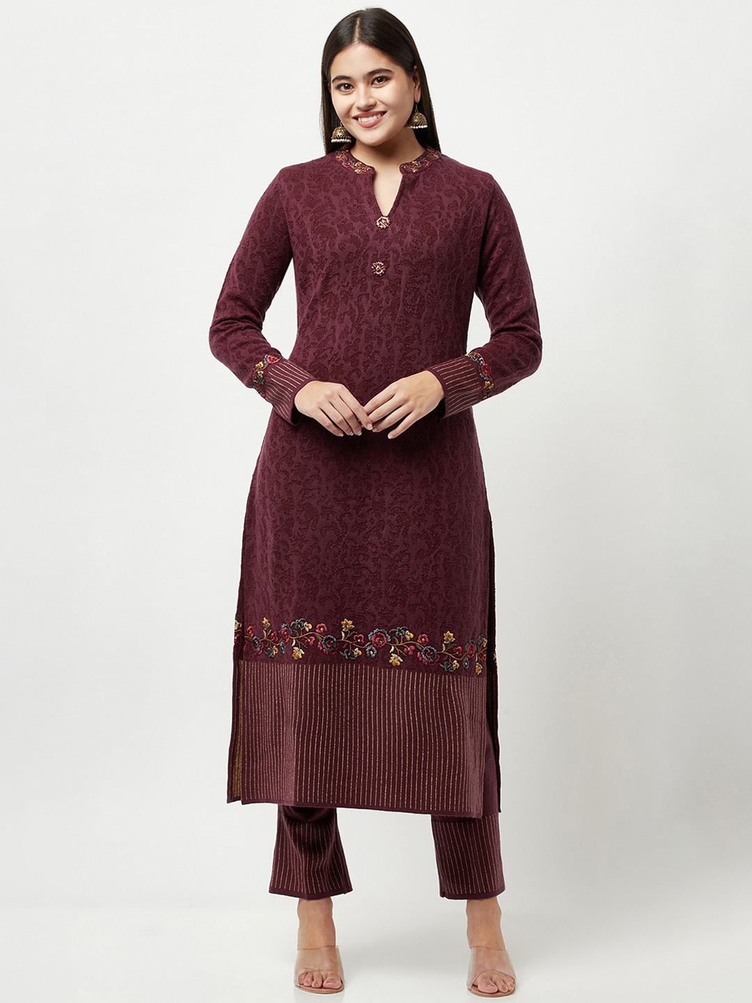 

Knitstudio Women Brown Floral Embroidered Kurta with Trousers