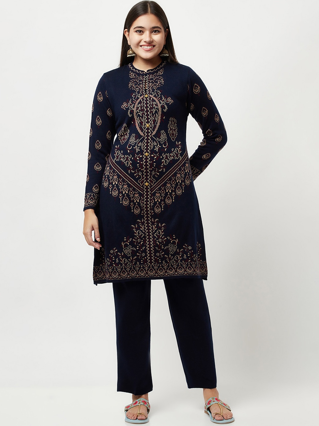 

Knitstudio Women Navy Blue Ethnic Motifs Kurti with Trousers