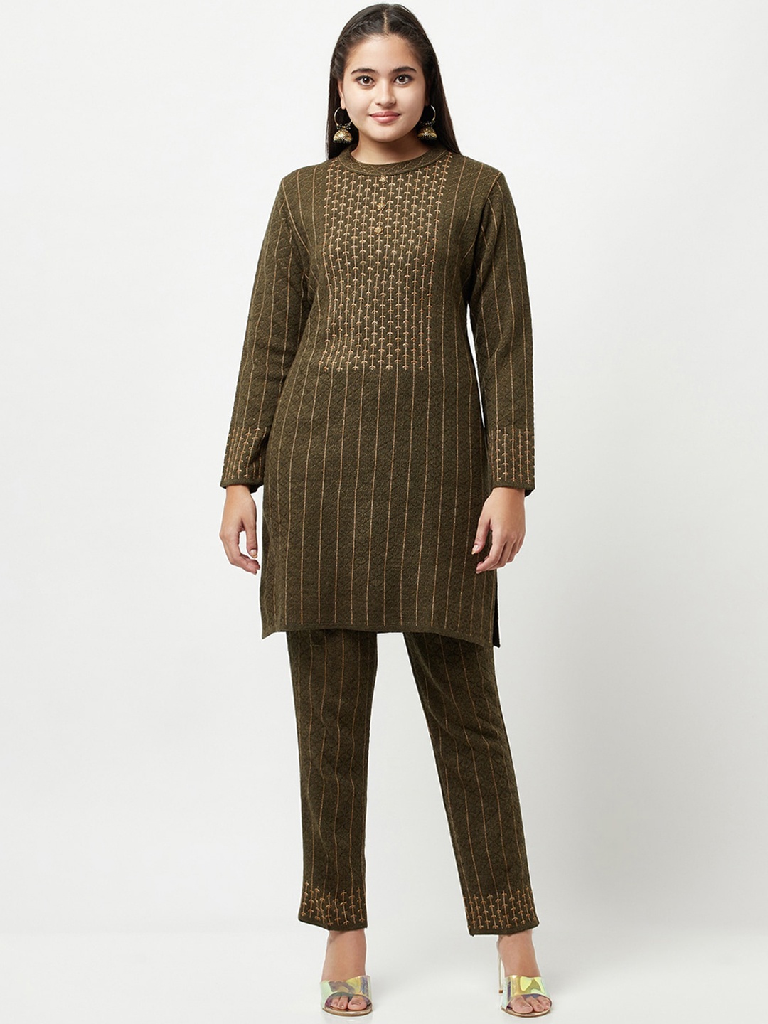 

Knitstudio Women Olive Green Striped Kurti with Trousers