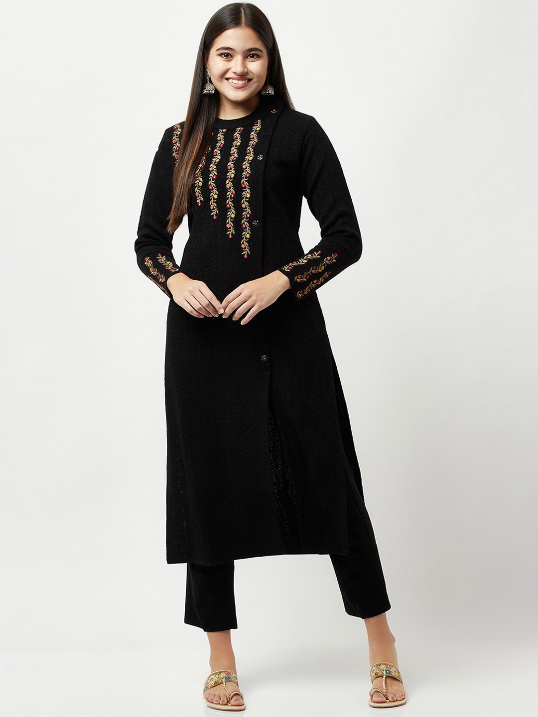 

Knitstudio Women Black Floral Embroidered Kurta with Trousers