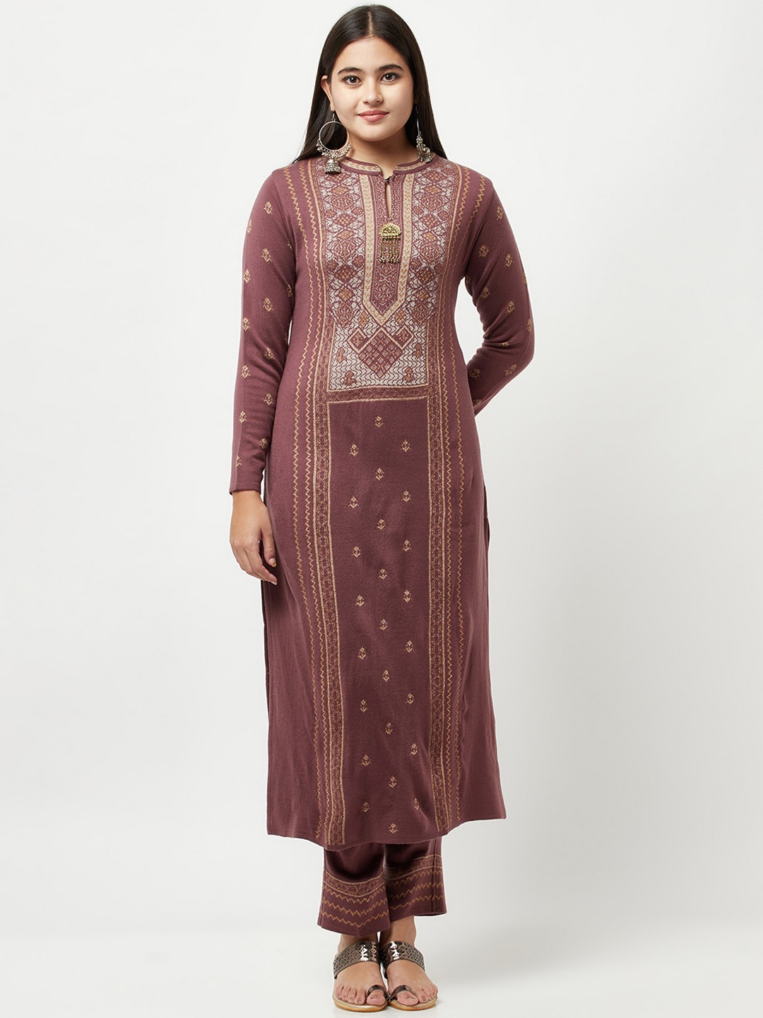 

Knitstudio Women Purple Ethnic Motifs Printed Kurta with Trousers