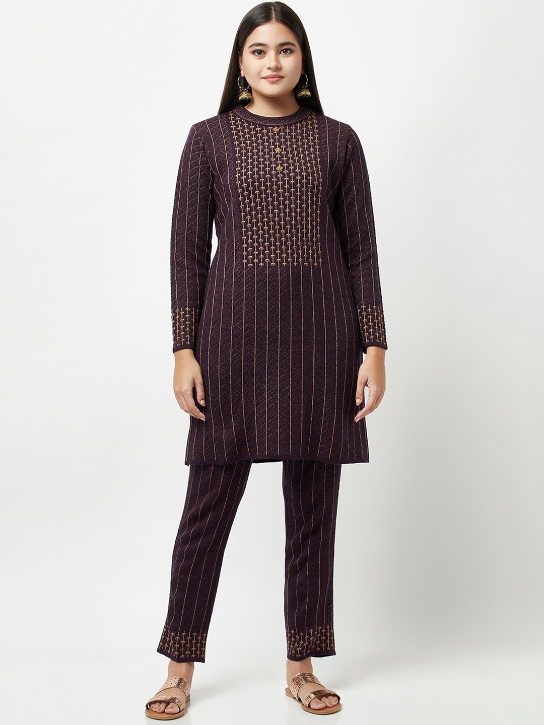 

Knitstudio Women Purple Striped Kurti with Trousers