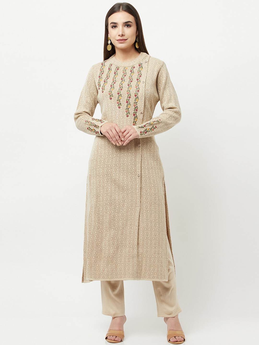 

Knitstudio Women Beige Floral Thread Work Kurta with Trousers