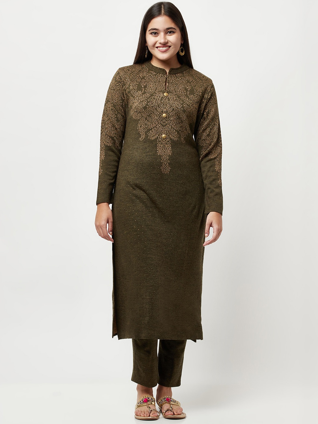 

Knitstudio Women Green Floral Embroidered Kurti with Trousers
