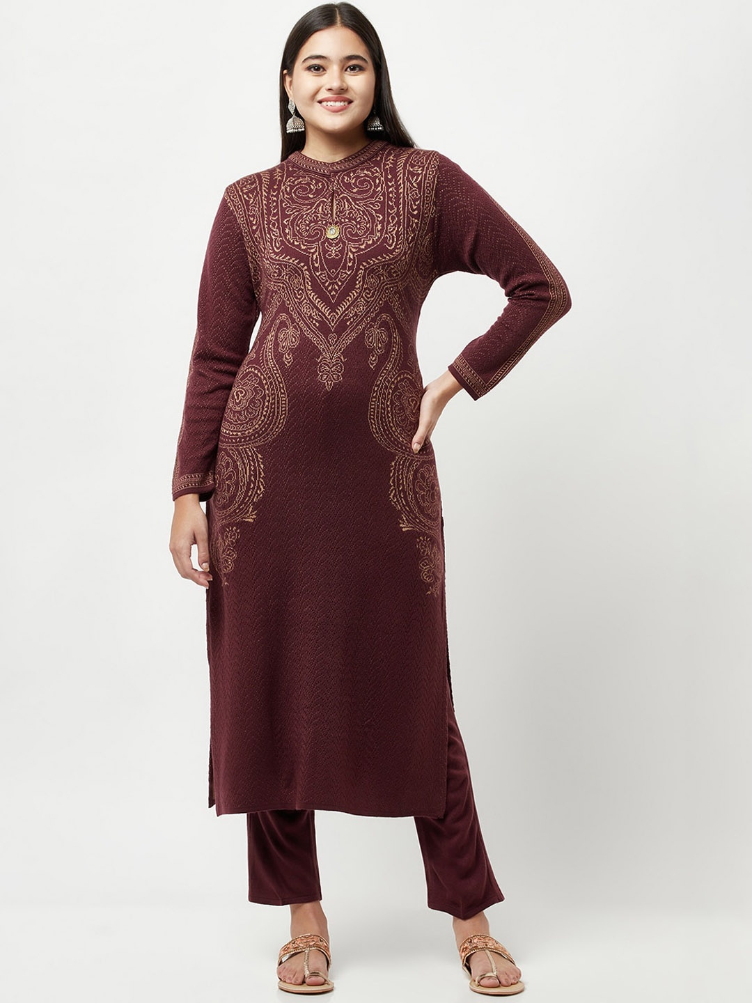 

Knitstudio Women Burgundy Ethnic Motifs Kurta with Trousers