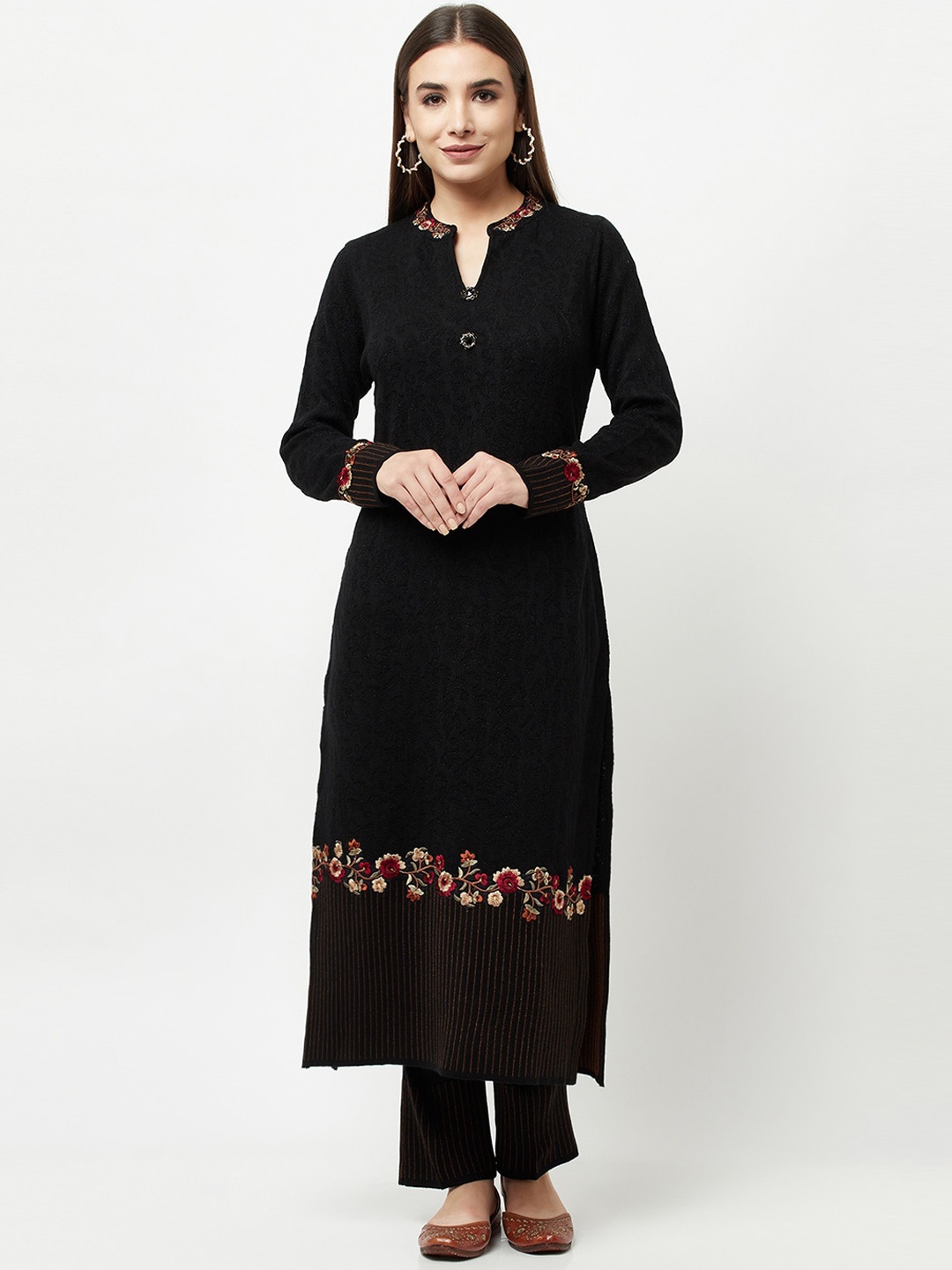 

Knitstudio Women Black Floral Kurta with Trousers