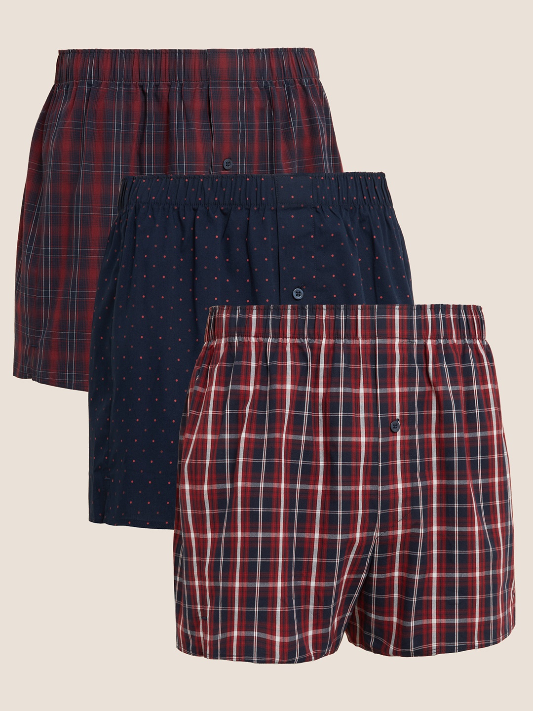 

Marks & Spencer Men Pack Of 3 Printed Pure Cotton Boxers T143863RED, Navy blue