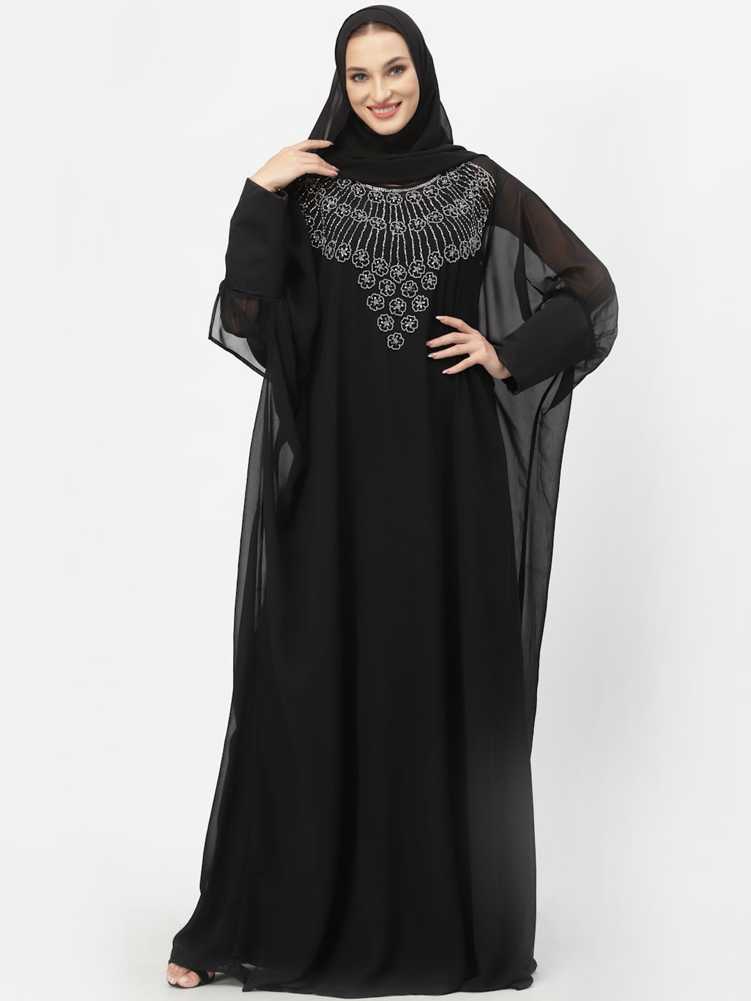 

Just Wow Women Black & White Embellished Abaya Burqa