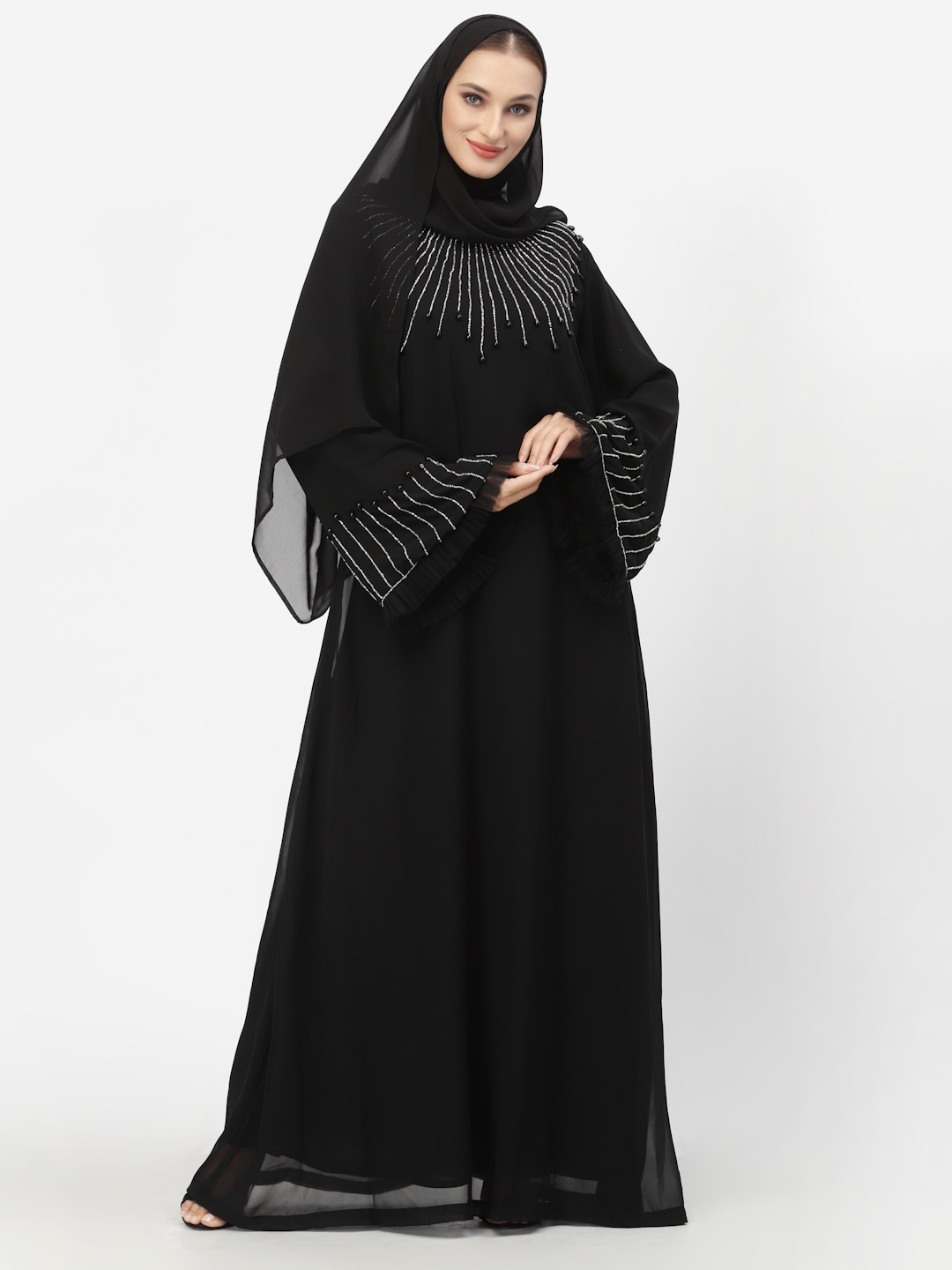 

Just Wow Women Black & White Embellished Abaya Burqa