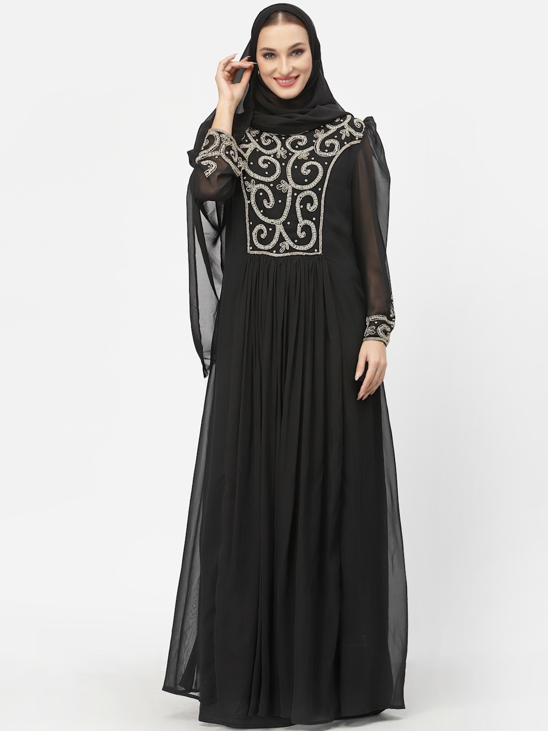

Just Wow Women Black & White Embellished Abaya Burqa