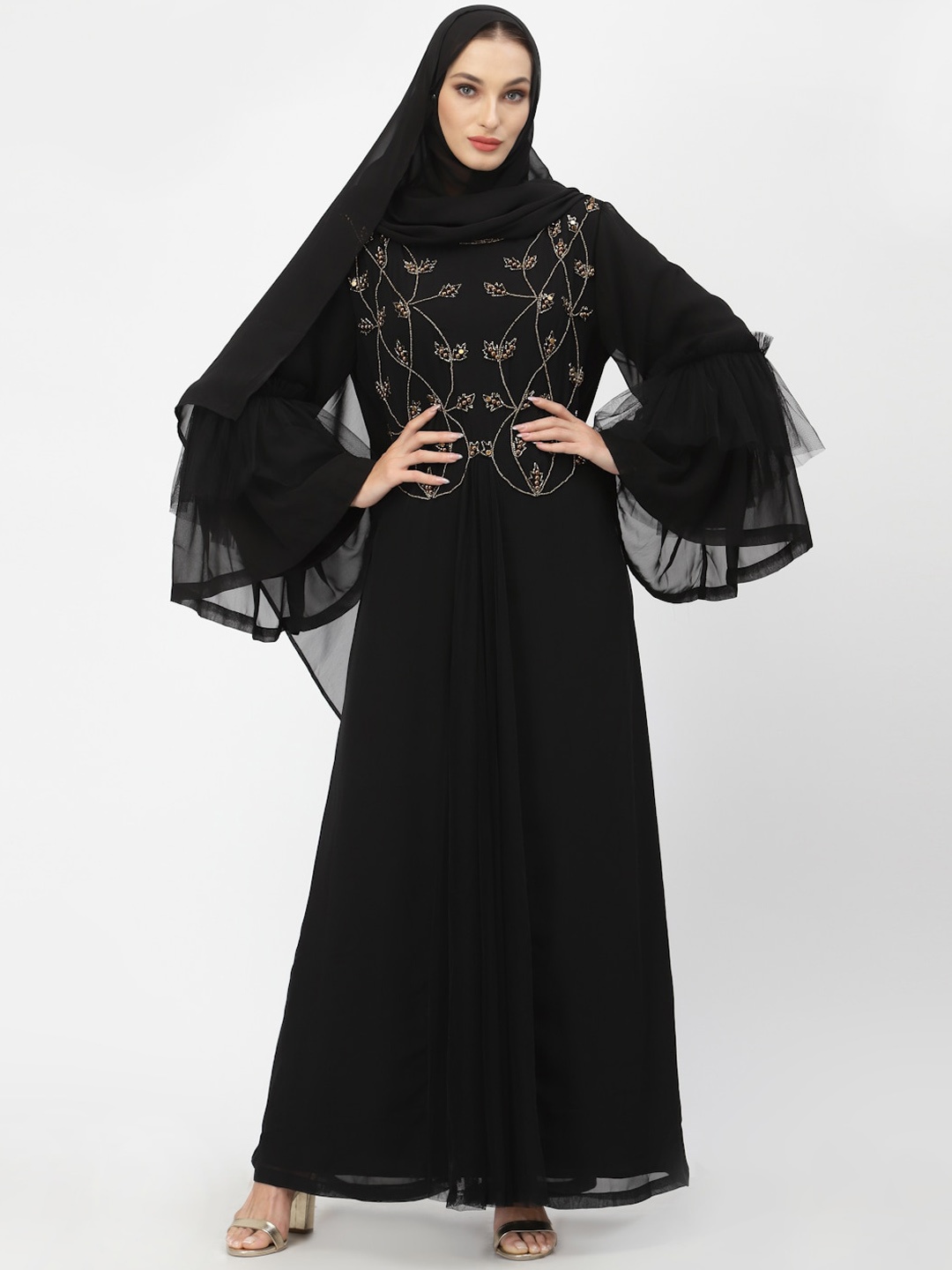 

Just Wow Women Black & White Embellished Abaya Burqa