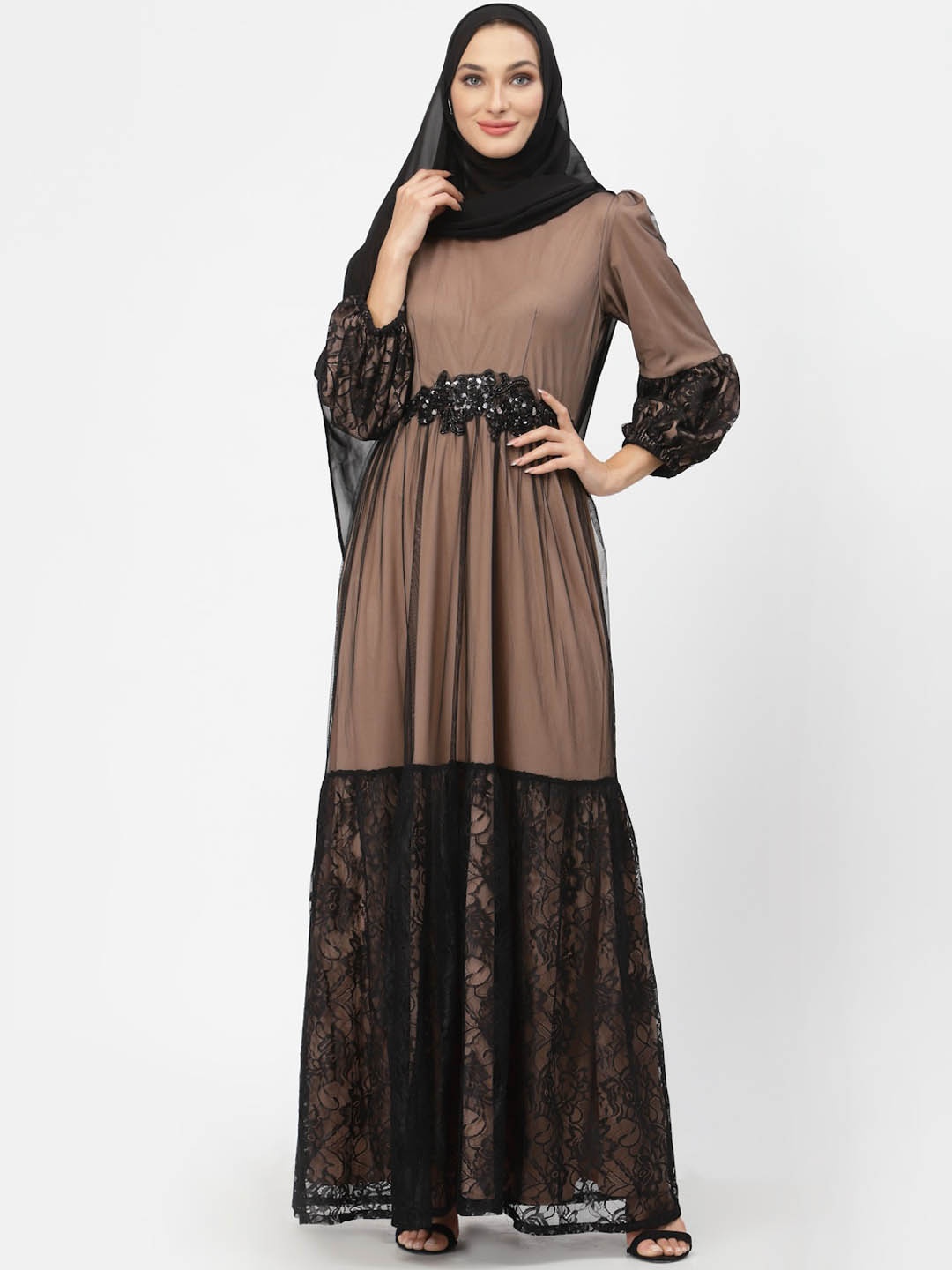 

Just Wow Women Beige & Black Embellished Abaya Burqa With Scarf