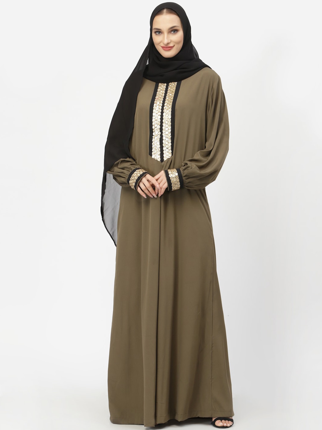 

Just Wow Women Khaki-Coloured & Black Embellished Abaya Burqa