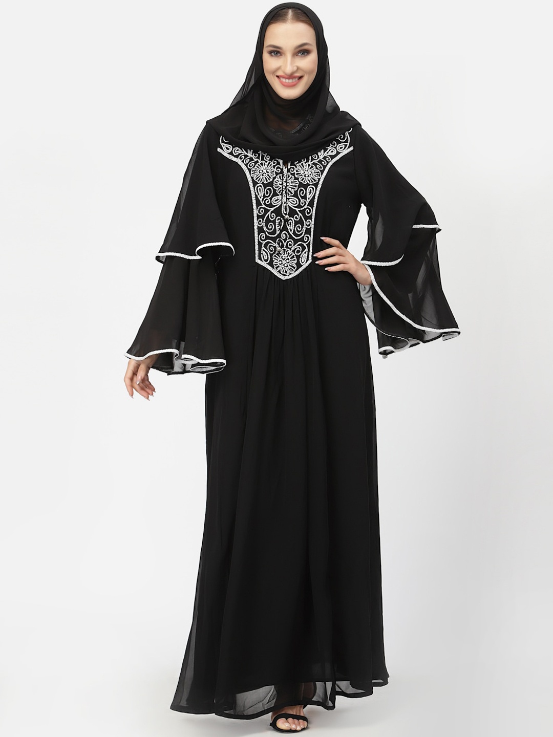 

Just Wow Women Black & White Embellished Abaya Burqa