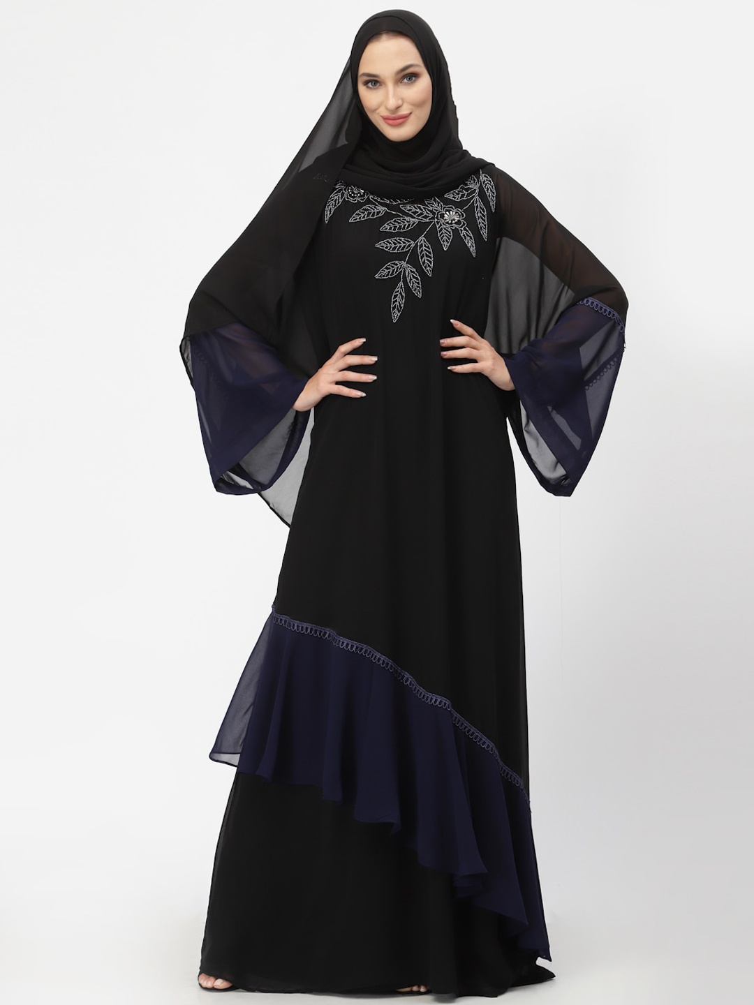 

Just Wow Women Black & Navy Blue Embellished Abaya Burqa