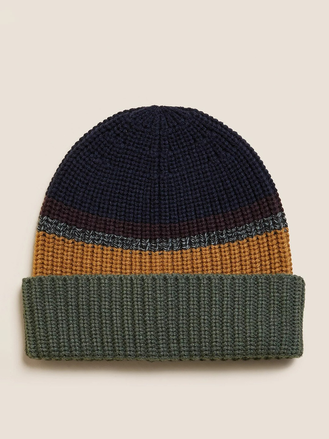 

Marks & Spencer Men Khaki & Navy Blue Acrylic Colourblocked Beanie