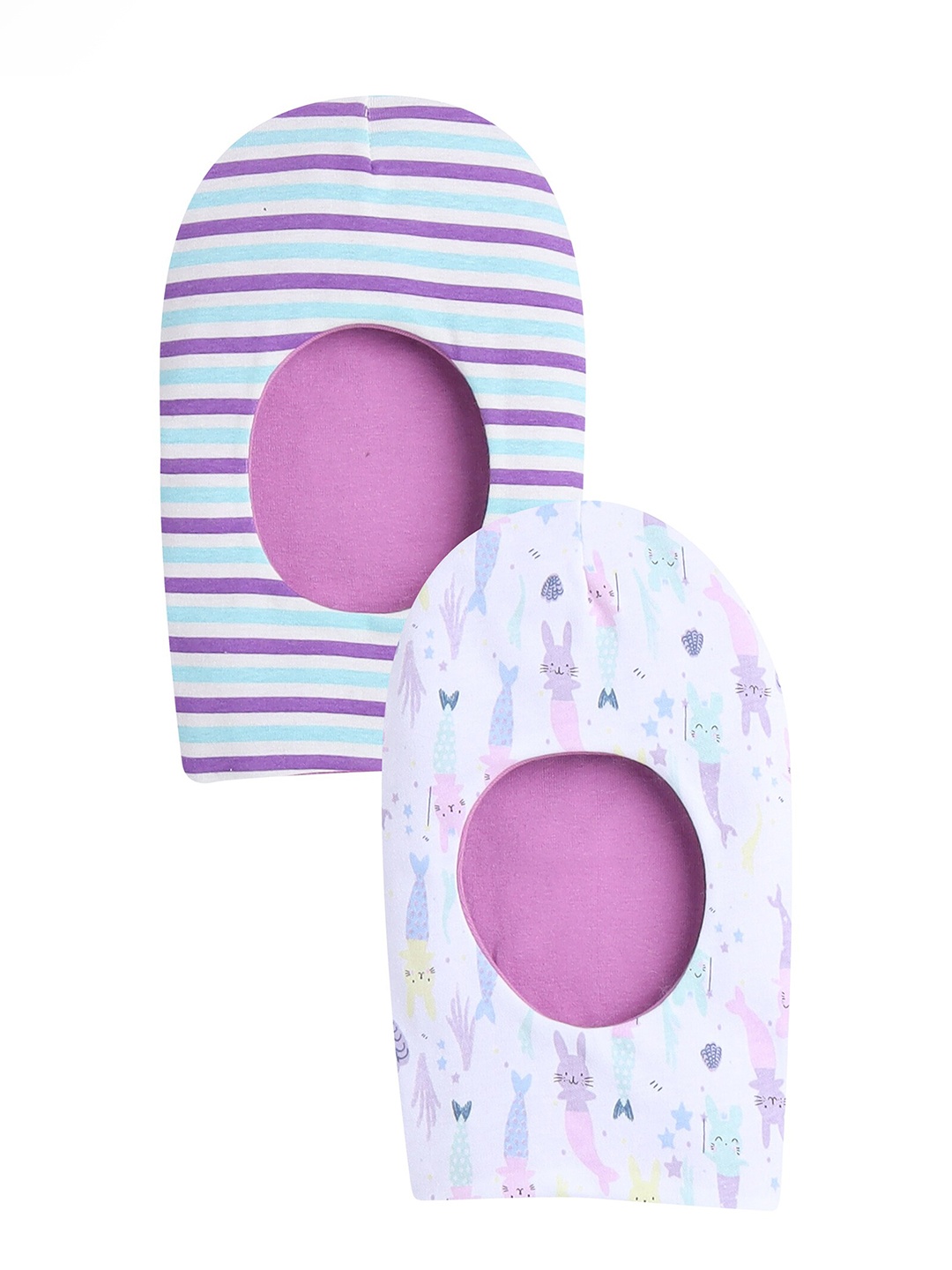 

BUMZEE Girls Lavender & White Pack of 2 Printed Reversible Monkey Cap
