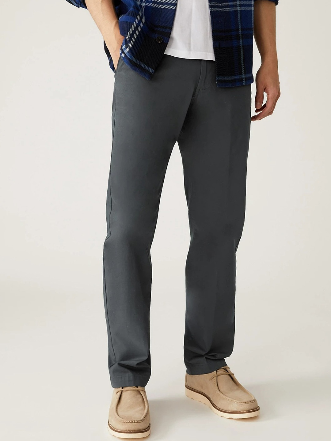 

Marks & Spencer Men Grey Regular Fit Solid High-Rise Cotton Trousers