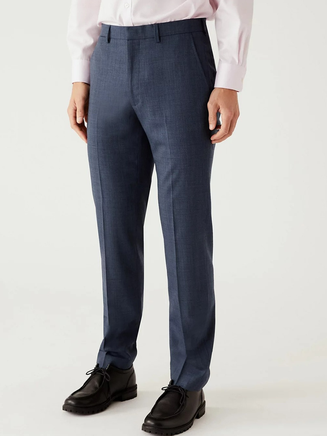 

Marks & Spencer Men Navy Blue Regular Fit High-Rise Solid Cotton Formal Trousers