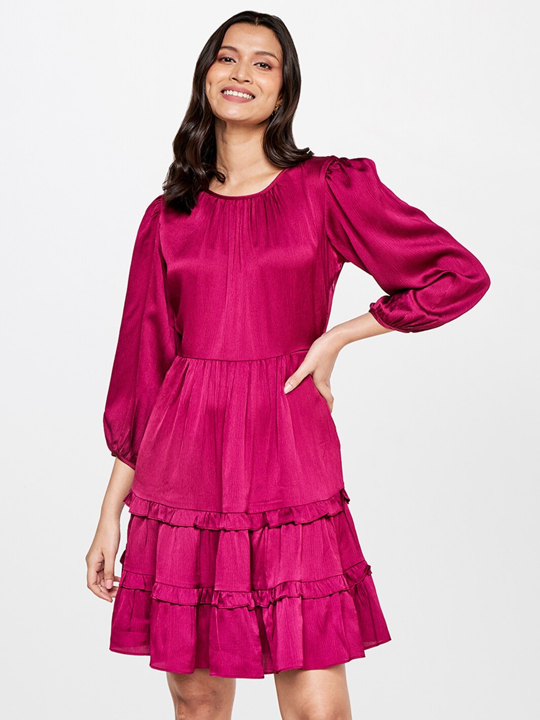 

AND Women Pink Solid Tiered Cuffed Sleeves Dress