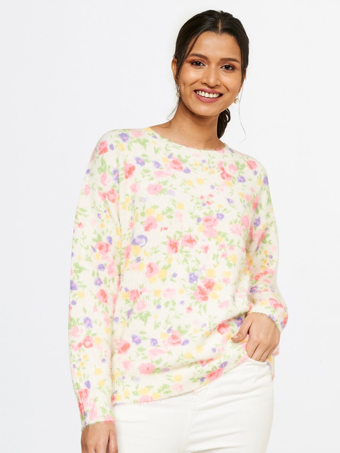 

AND Women Off White & Pink Floral Printed Top