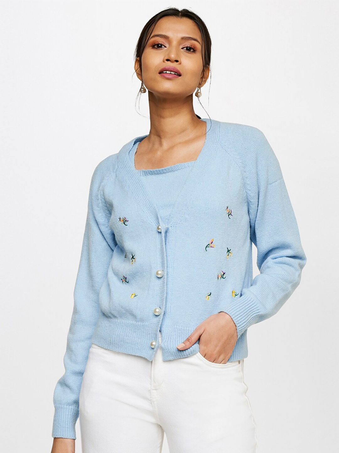 

AND Women Blue Cardigan with Embroidered Detail